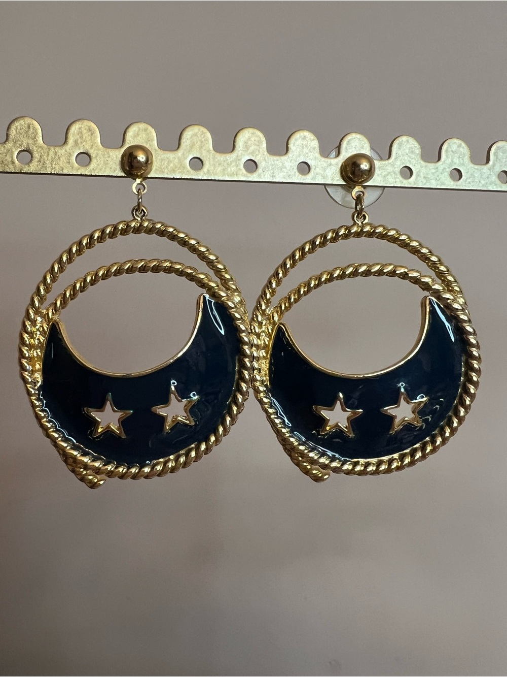 Vintage 90s Nautical Gold Rope Earrings with Navy Crescent and Star Details
